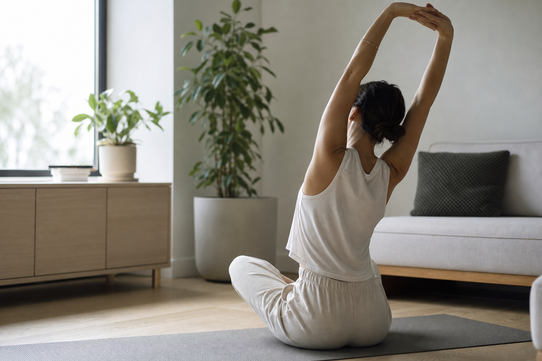 Person stretching quietly near a window at home in the morning