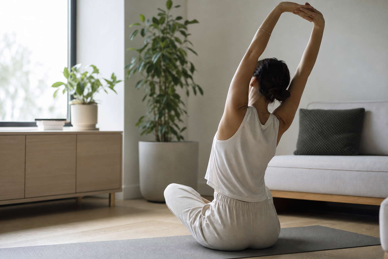 Person stretching quietly near a window at home in the morning