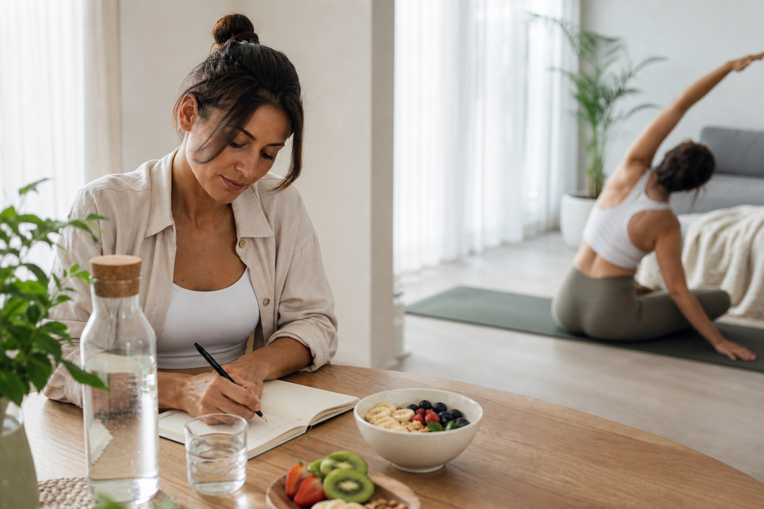 Persona che organizza una semplice routine di benessere al mattino con acqua, colazione e quaderno