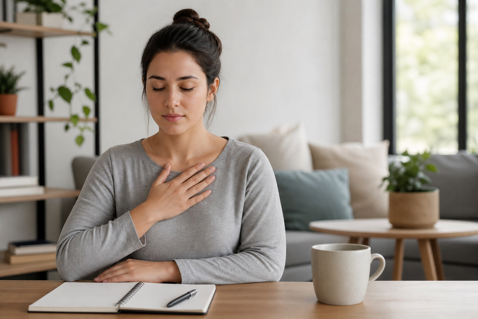 Person sitting at a table with a notebook, pausing to breathe calmly in a softly lit room