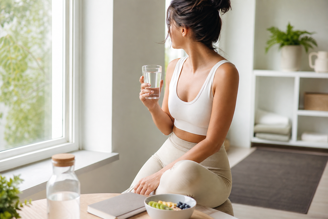 Person standing near a window in the morning with a glass of water and a healthy breakfast on the table