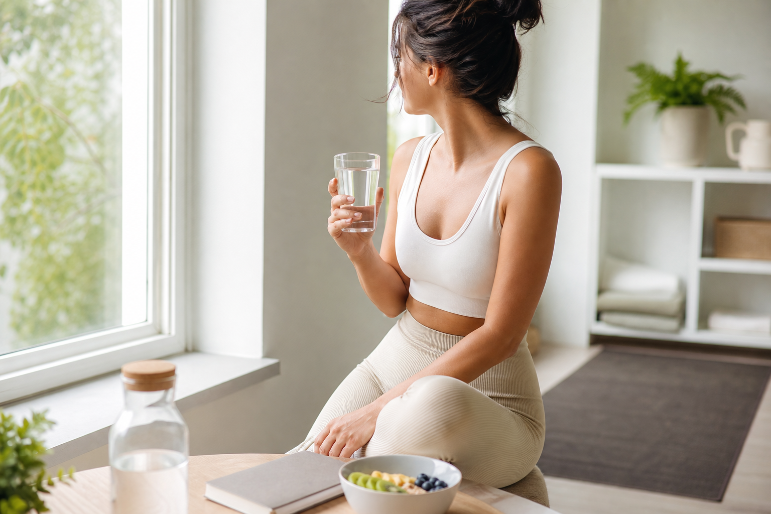 Person standing near a window in the morning with a glass of water and a healthy breakfast on the table