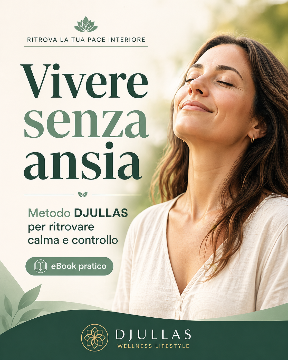 Copertina ebook Vivere senza ansia, guida digitale Metodo DJULLAS per calma mentale, stress e controllo emotivo